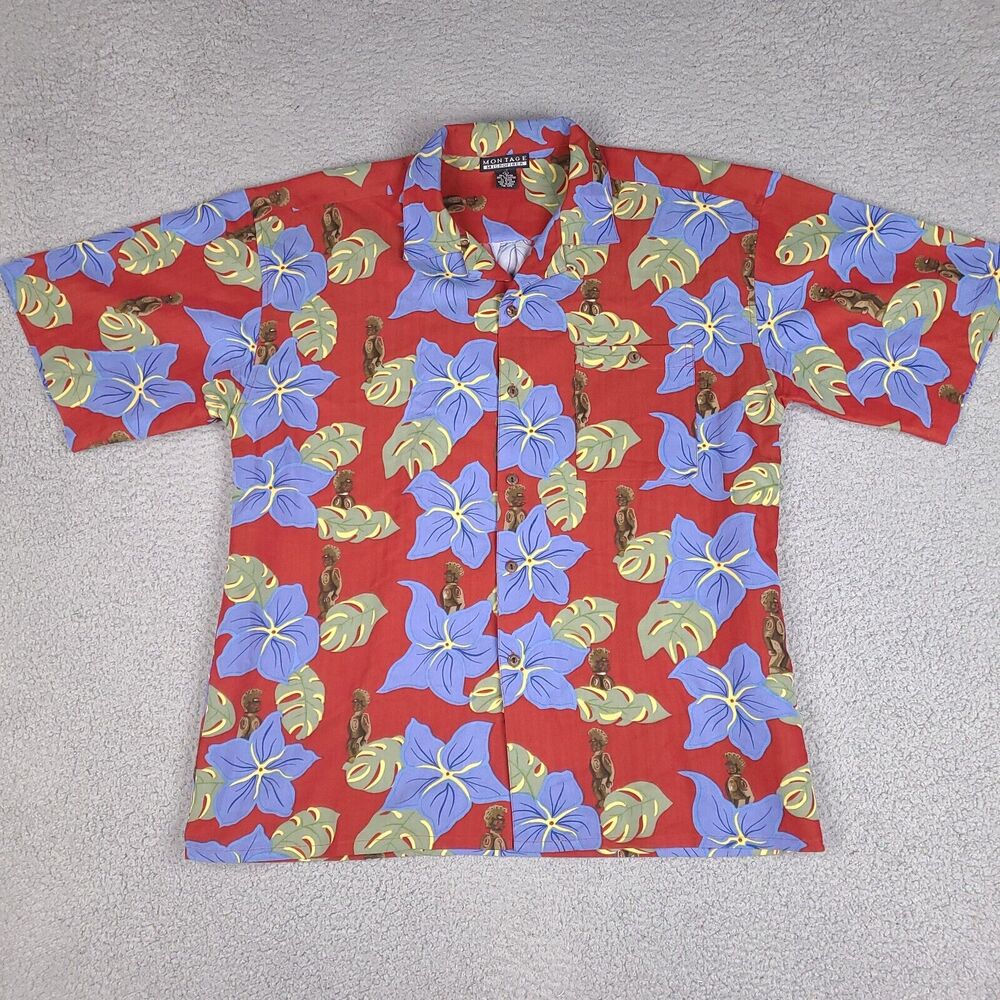 Montage‎ Hawaiian Shirt Mens Large Red Hibiscus Floral Microfiber Button Down